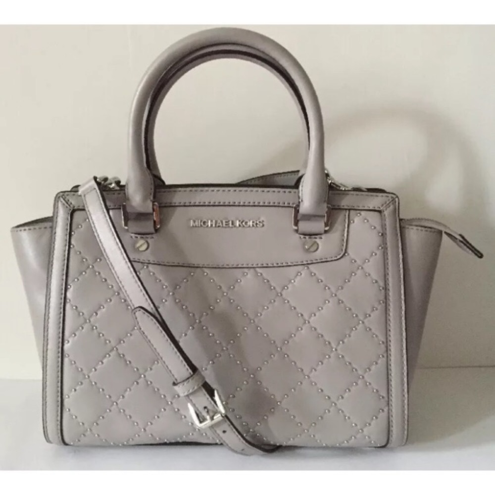 Michael Kors Selma Medium Studded Satchel Pearl Grey NWT